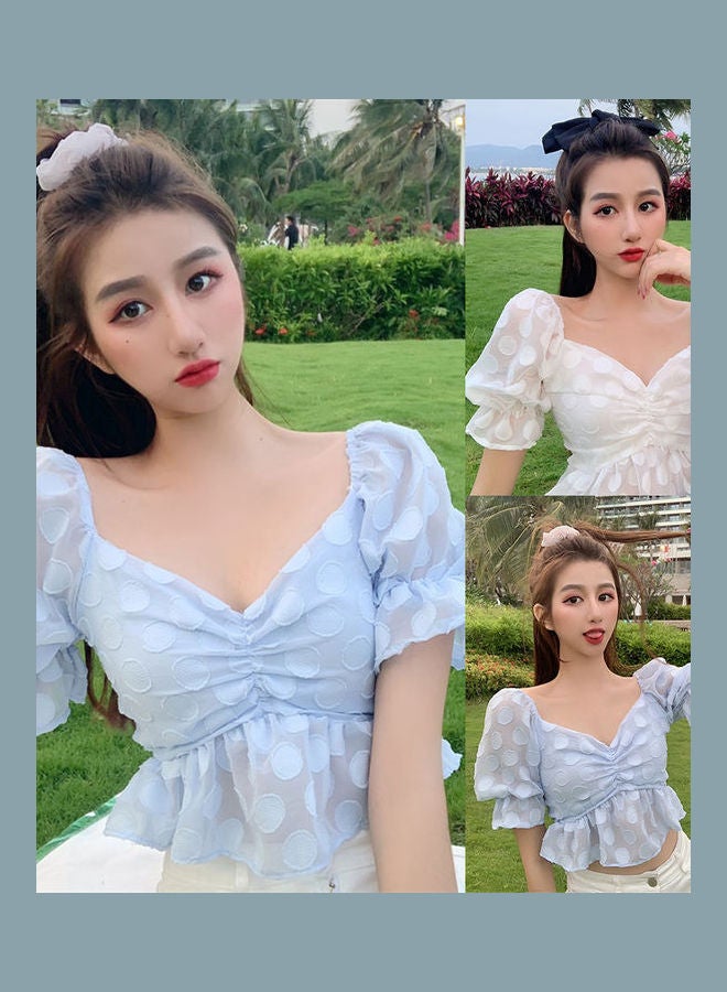 Women V Neck Short Sleeve Crop Top Light Blue  - Image 2