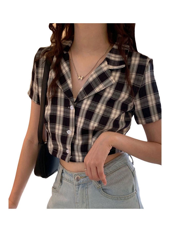 Women V Neck Grid Short Sleeve Crop Top Multicolour - Image 1
