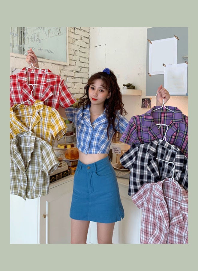 Women V Neck Grid Short Sleeve Crop Top Multicolour - Image 2