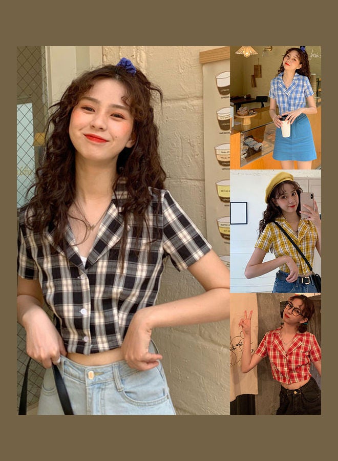 Women V Neck Grid Short Sleeve Crop Top Multicolour - Image 3