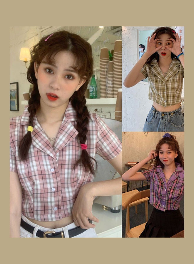 Women V Neck Grid Short Sleeve Crop Top Multicolour - Image 4