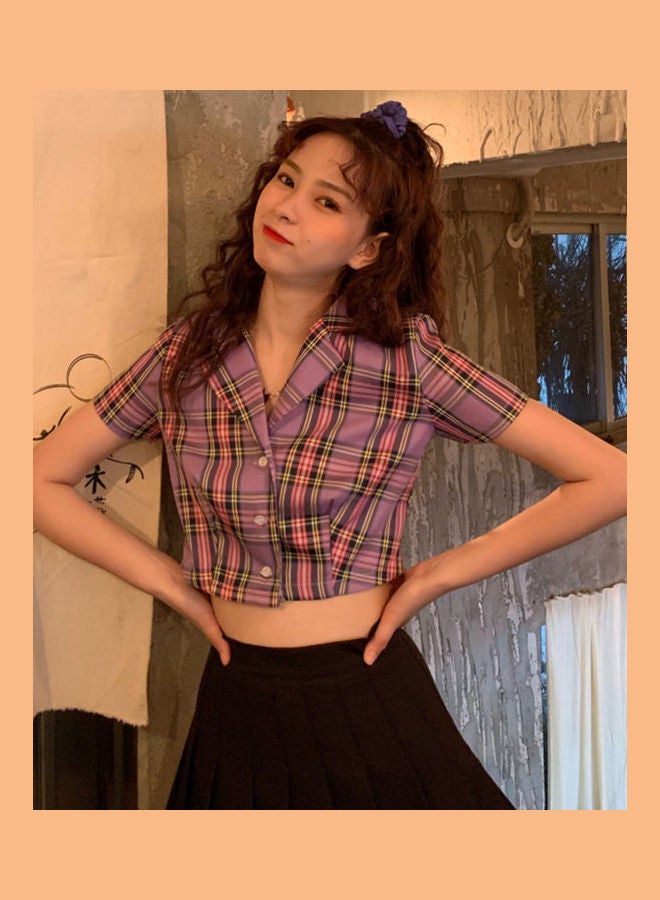 Women V Neck Grid Short Sleeve Crop Top Multicolour - Image 5
