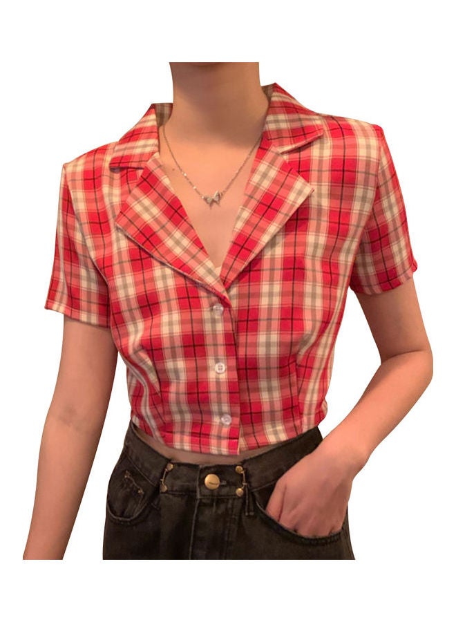 Women V Neck Grid Short Sleeve Crop Top Multicolour - Image 1