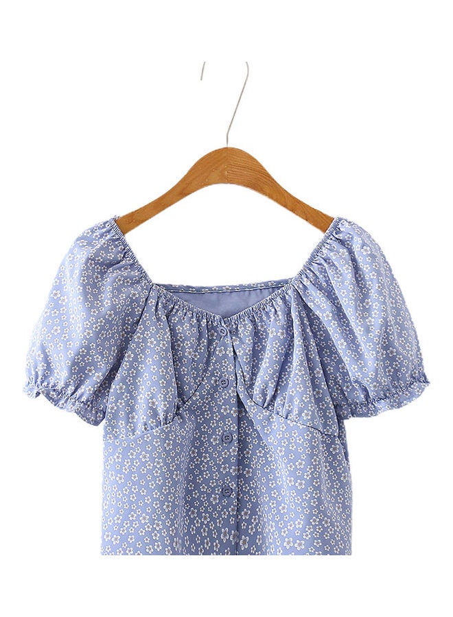Women Ruffled Slim Fit Short Crop Top Blue/White