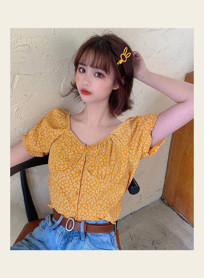Women Ruffled Slim Fit Short Crop Top Yellow/White  - Image 3