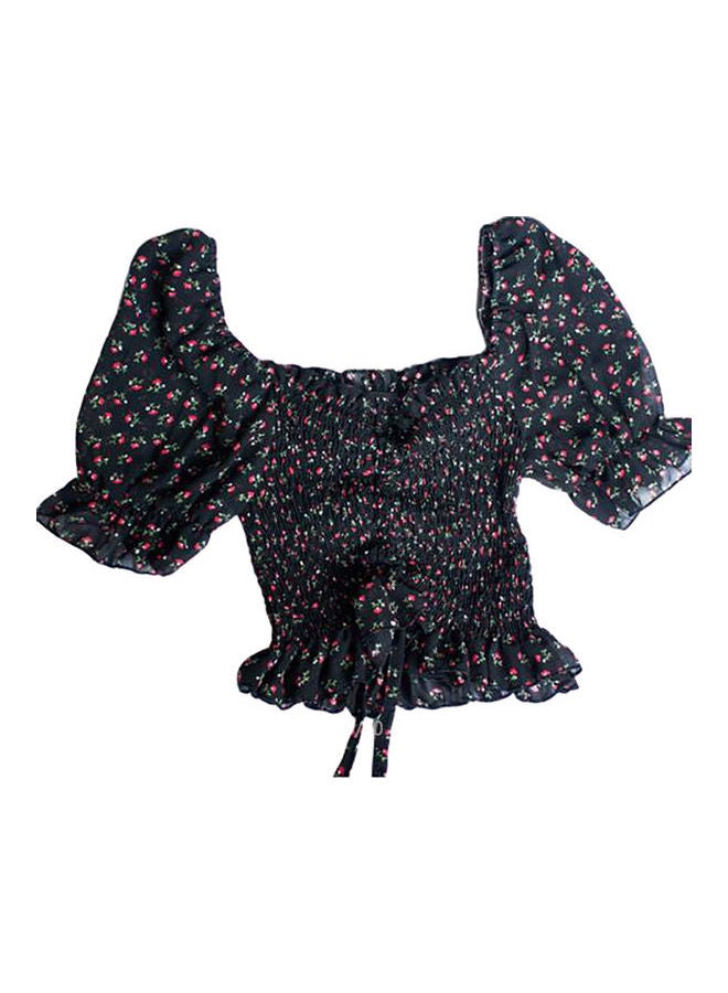 Women Square Neck Short Sleeve Crop Top Black