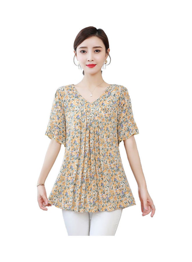 Women Short Sleeve V Neck Loose Top Yellow 