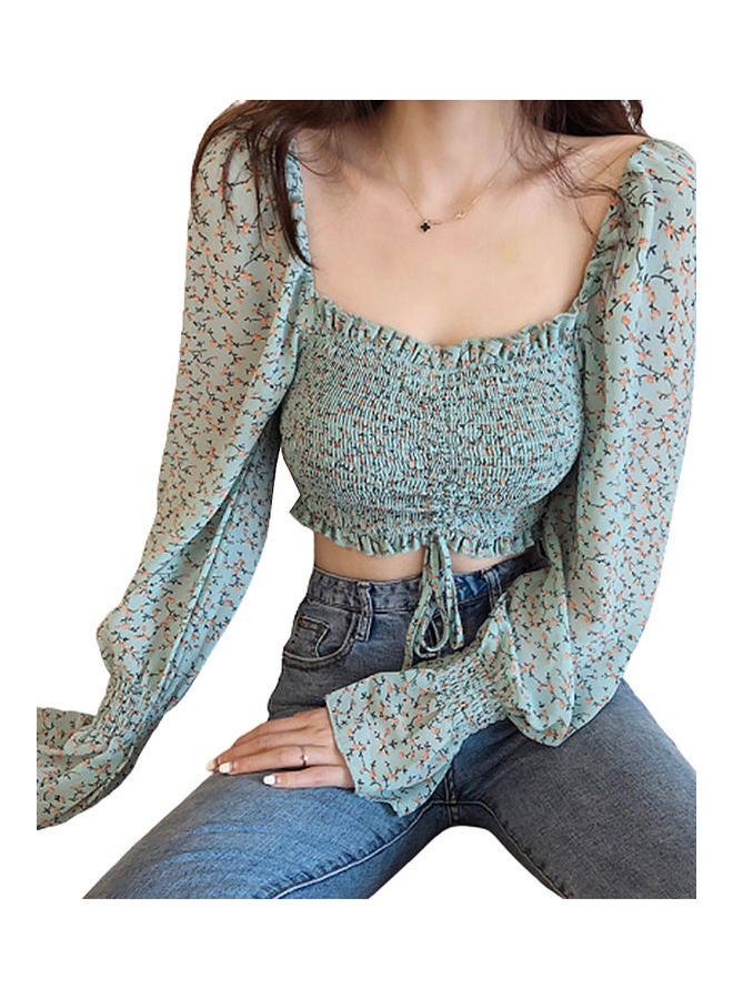 Women Floral Print Square Collar Slim Long Sleeve Crop Top Multicolour - Image 1