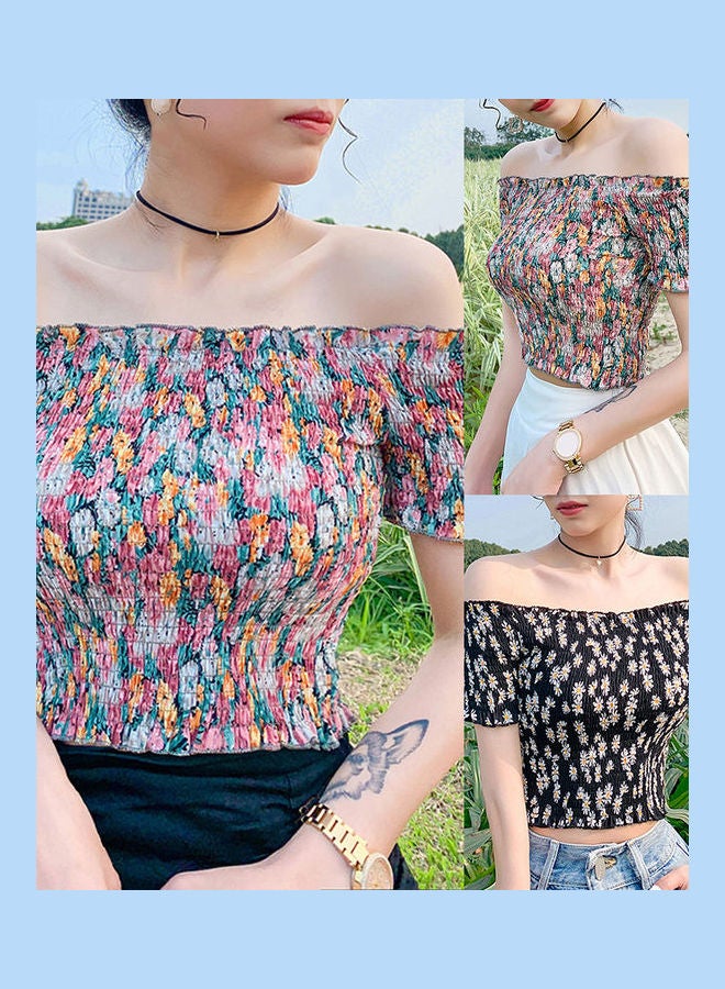 Women Off Shoulder Short Sleeve Crop Top Multicolour - Image 2