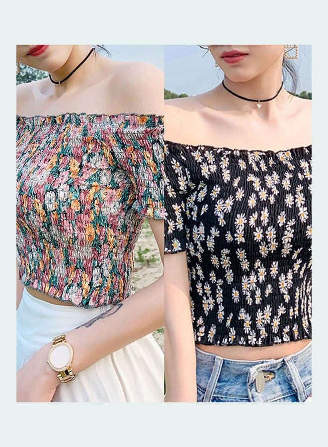Women Off Shoulder Short Sleeve Crop Top Multicolour - Image 3