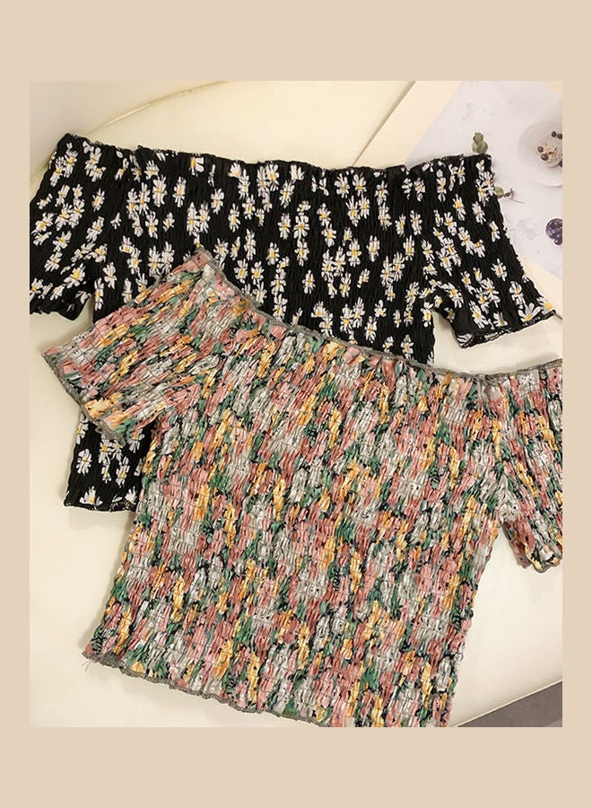 Women Off Shoulder Short Sleeve Crop Top Multicolour - Image 4