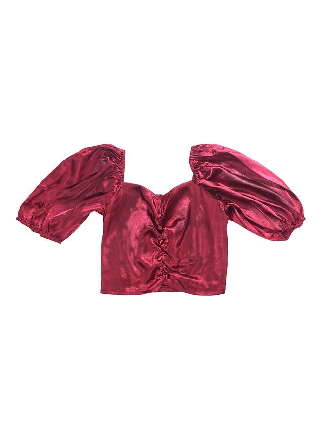 Women V Neck Backless Puff Sleeves Crop Top Red
