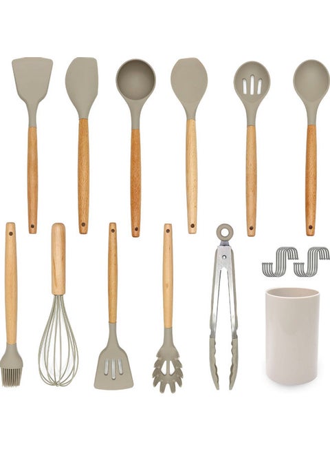 11-Piece Silicone Cooking Utensil Set Grey/Brown 35.00cm
