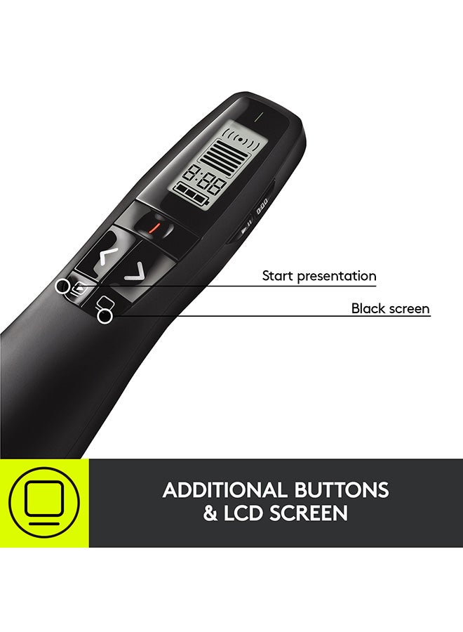 Logitech - R700 Wireless Presentation Remote, 2.4 GHz With Nano USB-Receiver, Red Laser Pointer, Slideshow Buttons, 30-Meter Operating Range, LCD-Display for Time Tracking, 6 Buttons, for PC Black - Image 1