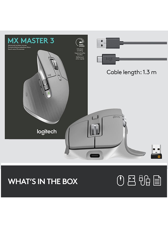 Logitech - MX Master 3 Advanced Wireless Mouse, Bluetooth or 2.4GHz USB Receiver, Ultrafast Scrolling, 4000 DPI Any Surface Tracking, Ergonomic, 7 Button, Rechargeable, PC/Mac/Laptop/iPadOS Mid Grey - Image 1