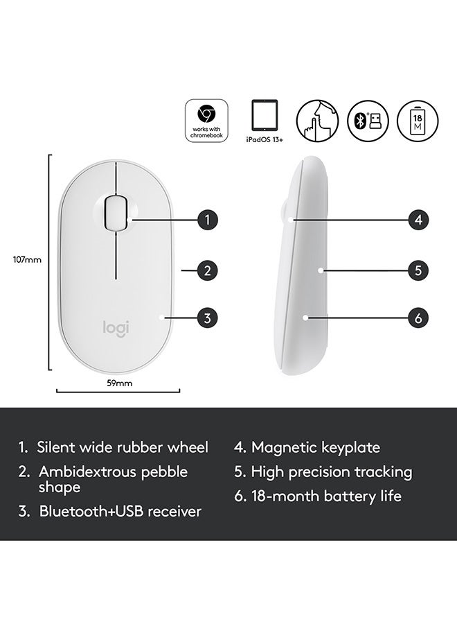 ماوس M350 بيبل لاسلكي يعمل بالبلوتوث أو 2.4 جيجاهرتز مع جهاز استقبال صغير USB، ماوس كمبيوتر صامت ورفيع بنقرة هادئة لأجهزة اللابتوب/نوت بوك/أجهزة الكمبيوتر/ماك أبيض - v1611122156/N35634556A_8