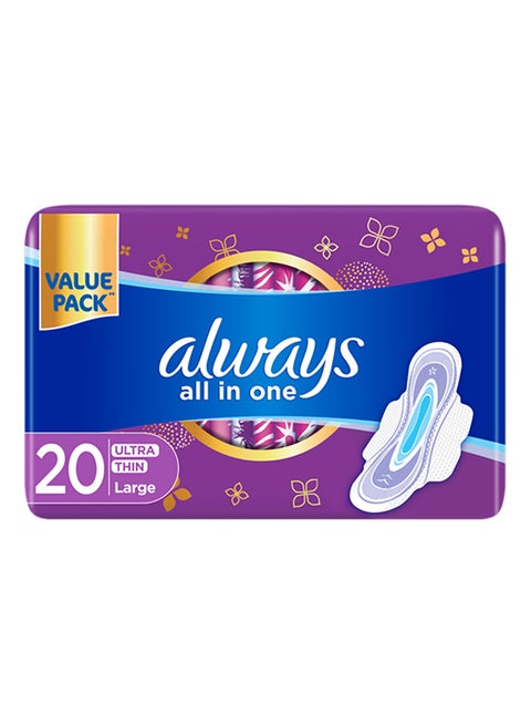 All In One Ultra Thin Large Sanitary Pads With Wings 20 Count White