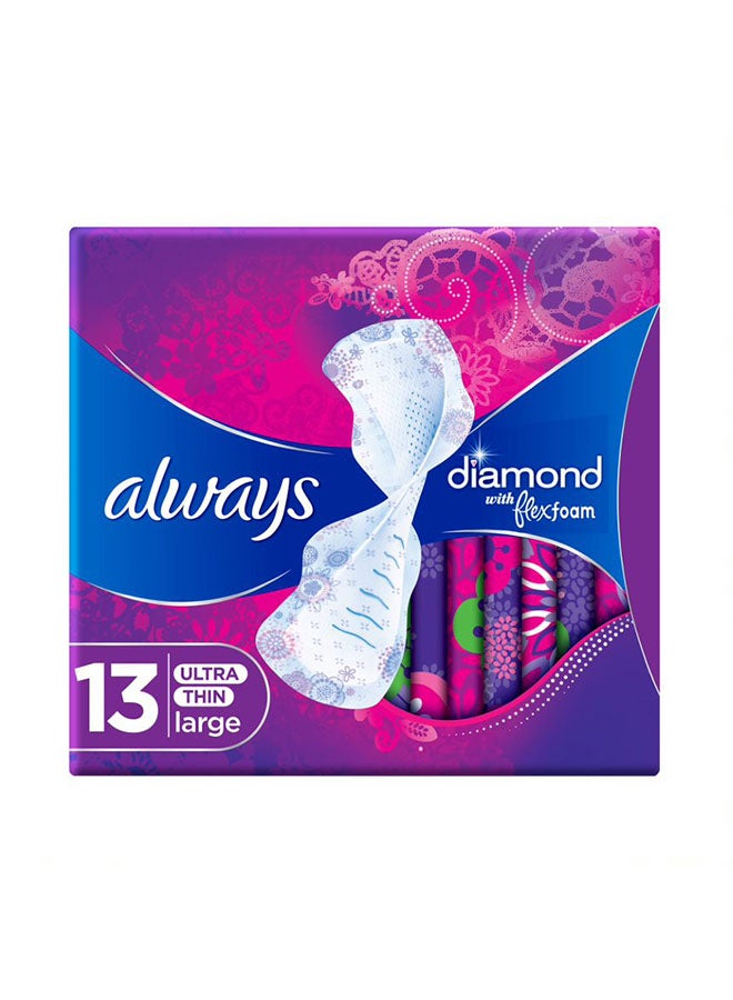 Always Diamond Flex Foam Large Sanitary Pads With Wings 13 Count White  - Image 1