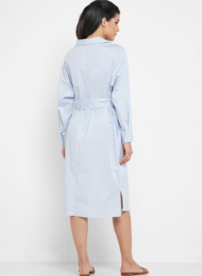 Tie Waist Button Through Dress Blue