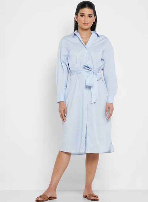 Tie Waist Button Through Dress Blue