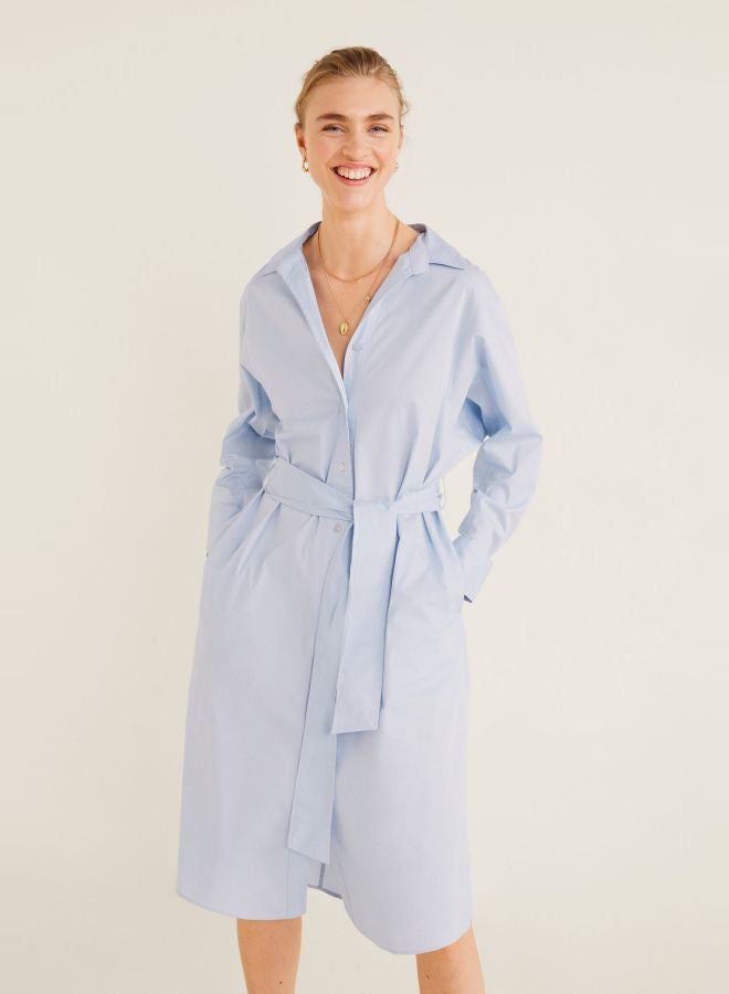 Tie Waist Button Through Dress Blue