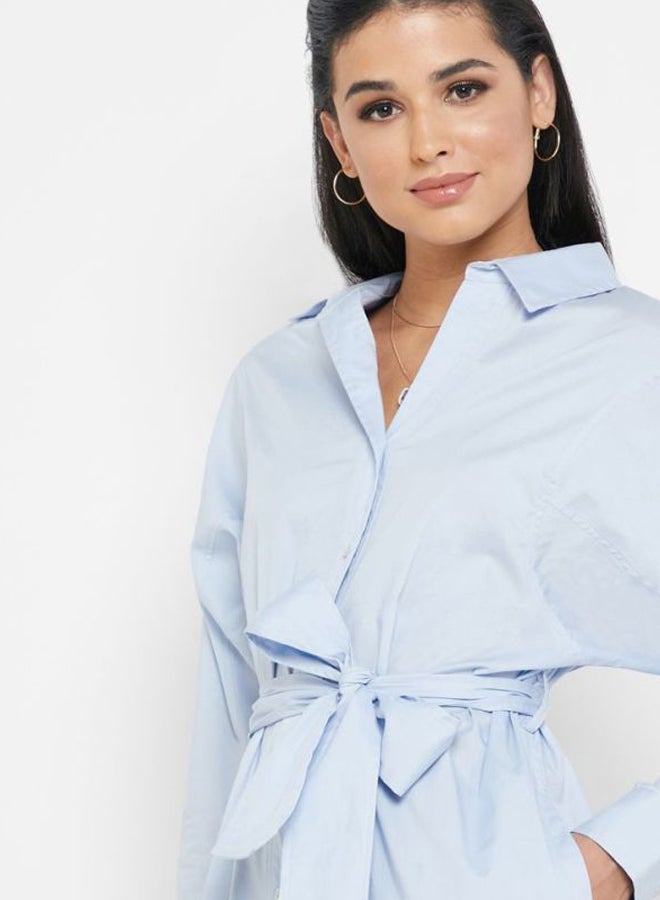 Tie Waist Button Through Dress Blue