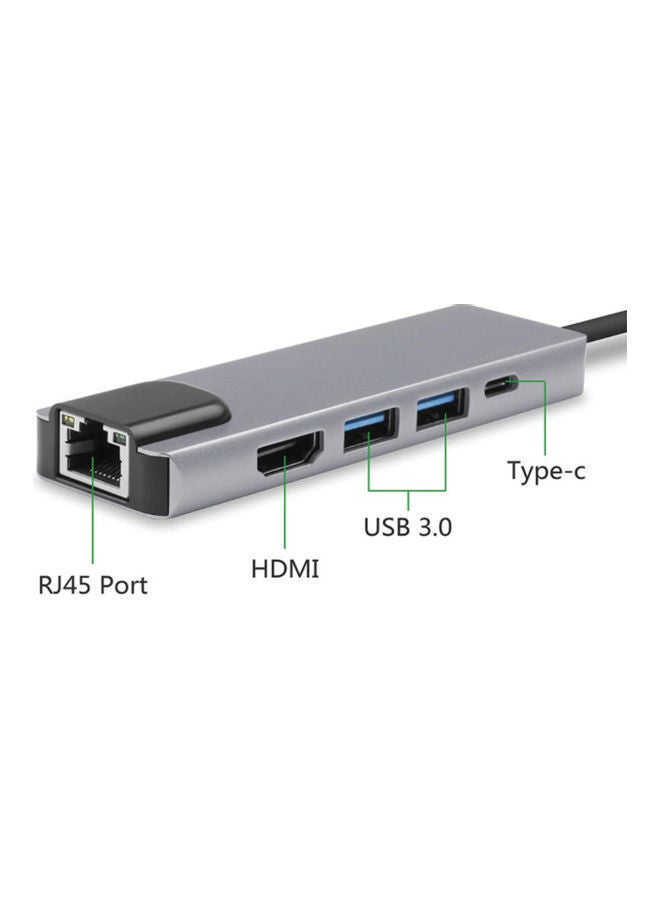 Generic - 5 in 1 Type-C to HDMI, USB, RJ45 Adapter Black - Image 1