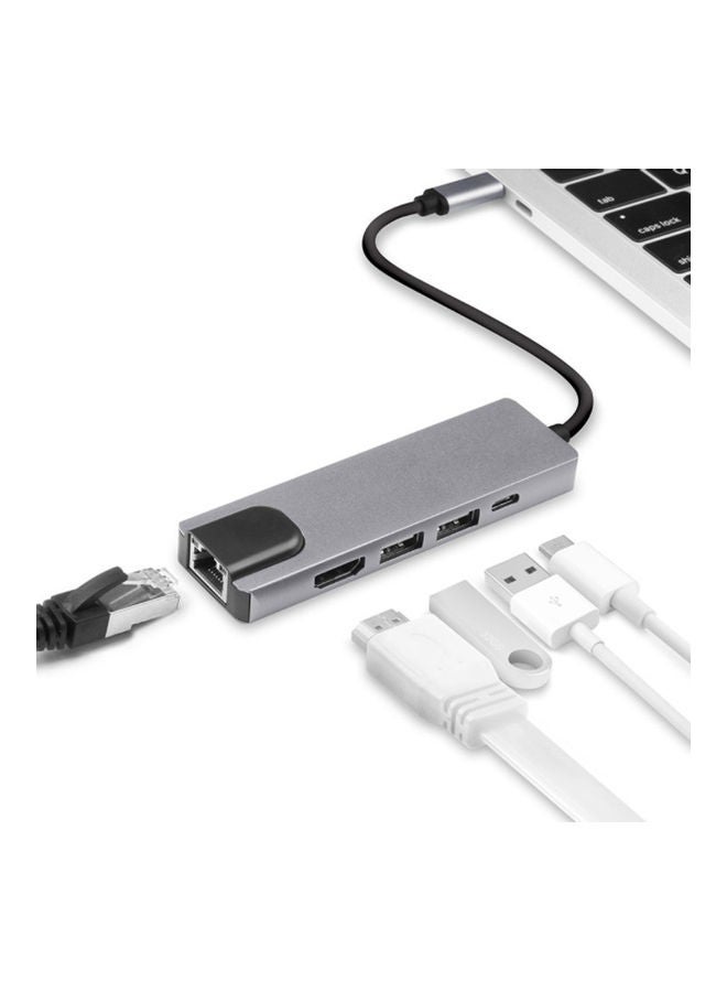 Generic - 5 in 1 Type-C to HDMI, USB, RJ45 Adapter Black - Image 1