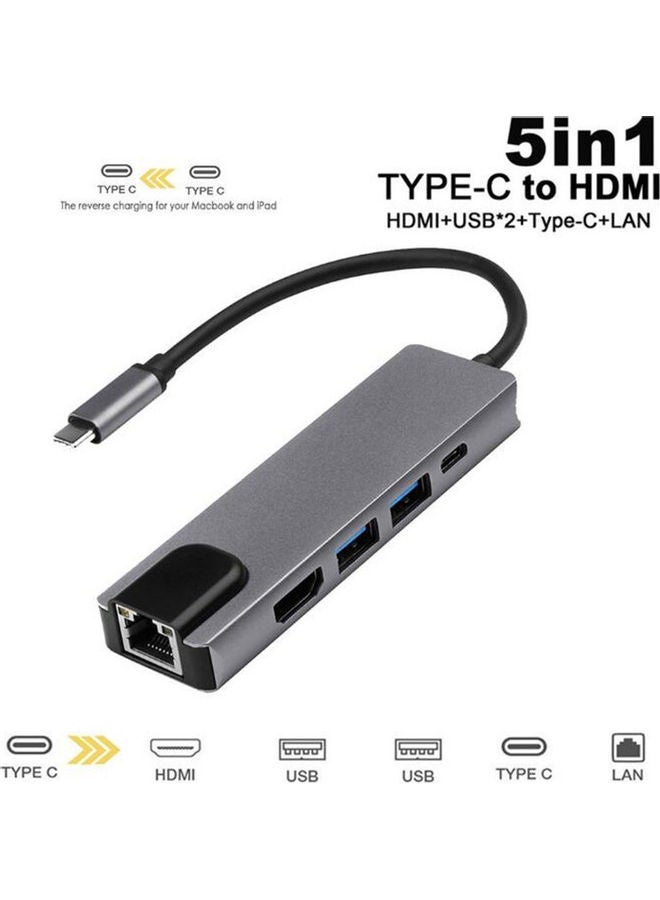 Generic - 5 in 1 Type-C to HDMI, USB, RJ45 Adapter Black - Image 1