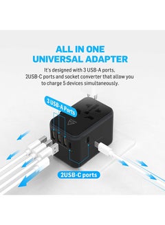 ADONIT Universal Travel Adapter 3 A2C - International Wall Charger PD 61 W (3 USB-A + 2 USB-C) Black  - Image 2