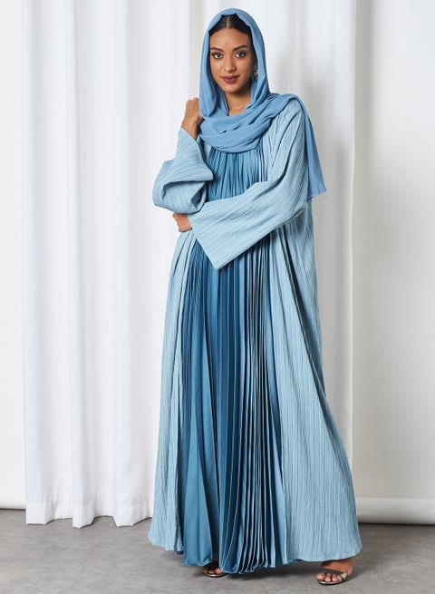 2-Piece Pleated Bisht Abaya Set Denim Blue