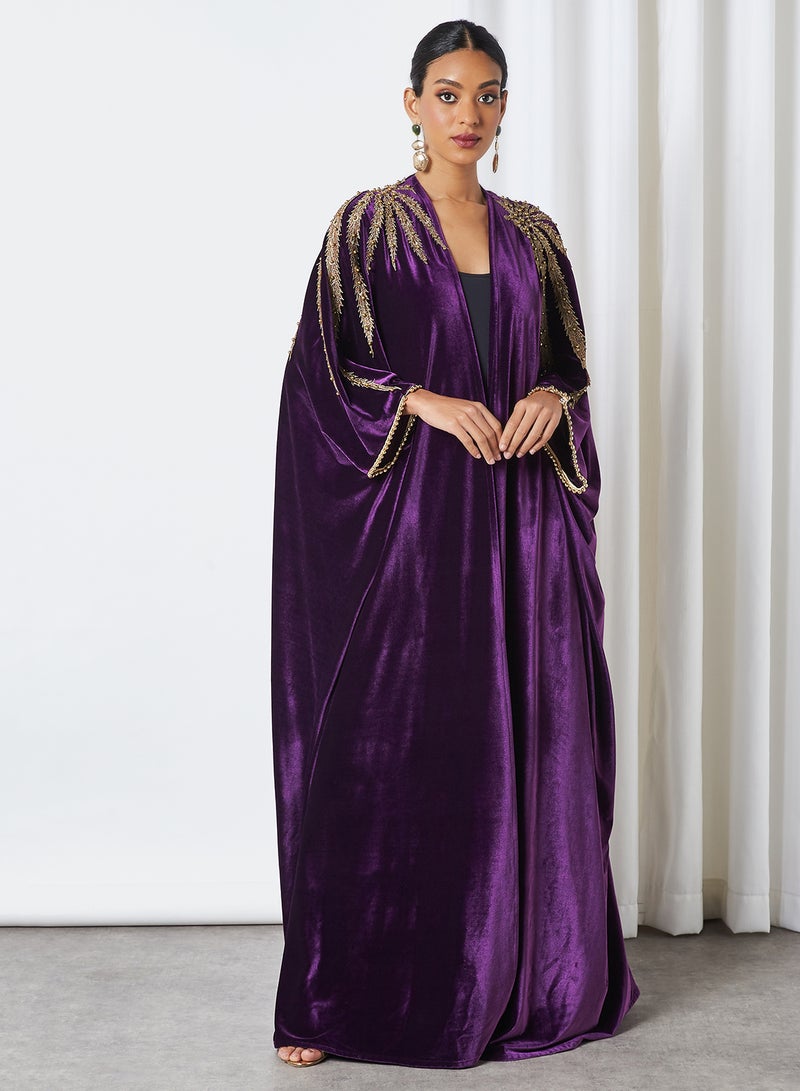 Bousni Lace Embellished Bisht Abaya Purple - Image 1