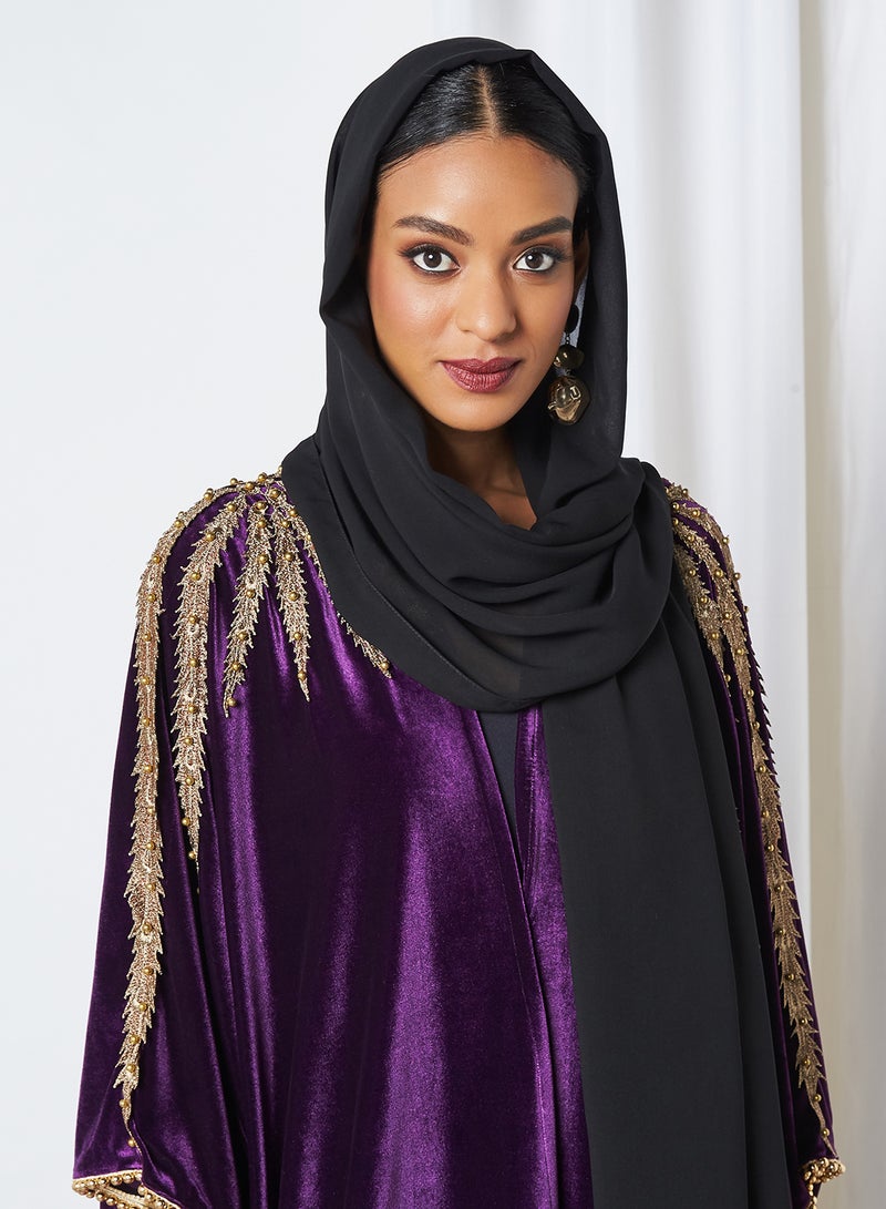 Bousni Lace Embellished Bisht Abaya Purple - Image 2