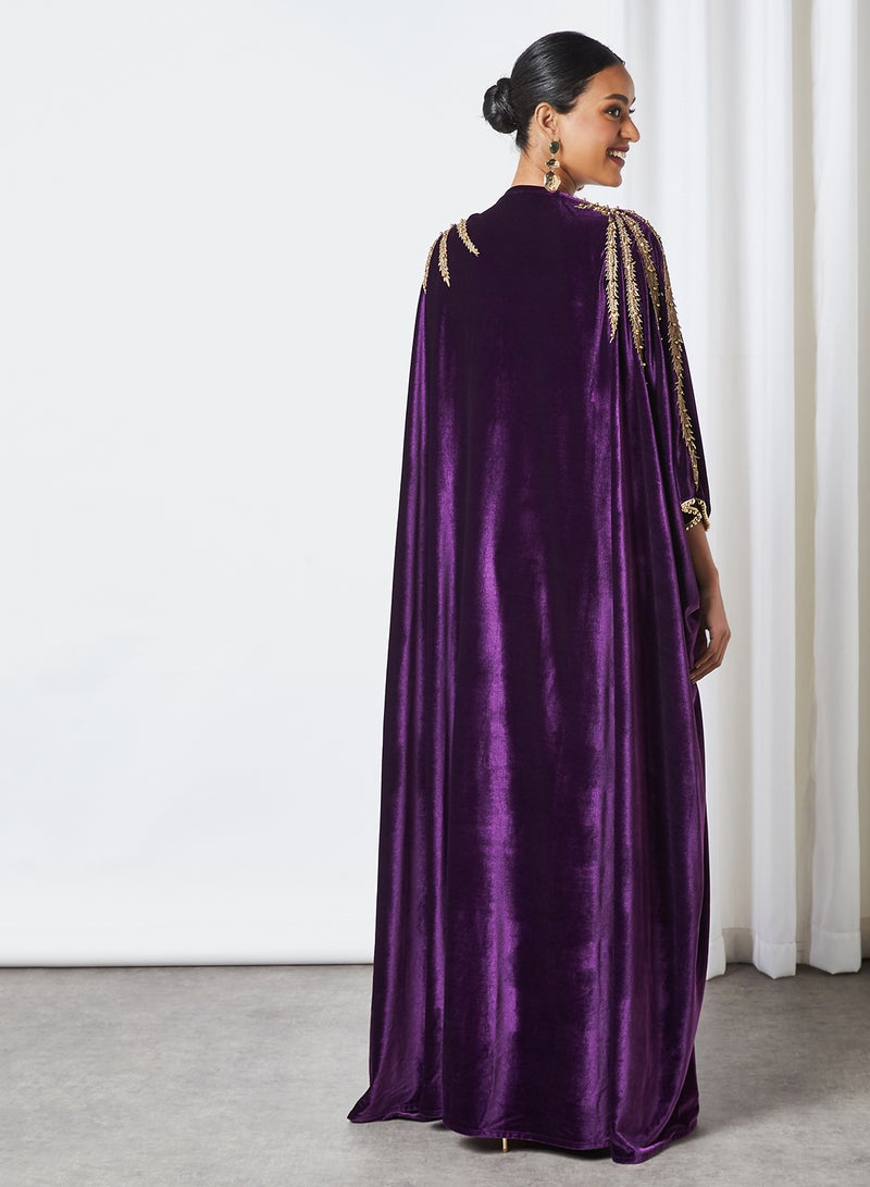 Bousni Lace Embellished Bisht Abaya Purple - Image 3