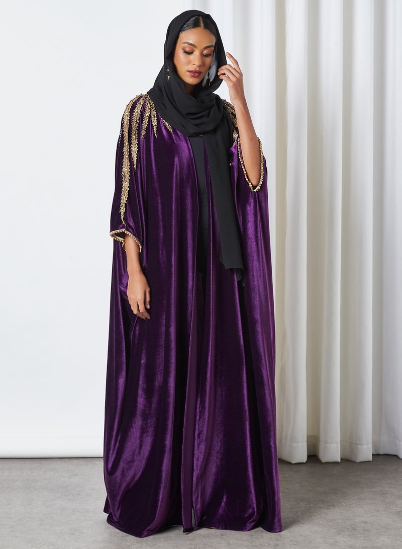 Bousni Lace Embellished Bisht Abaya Purple - Image 4