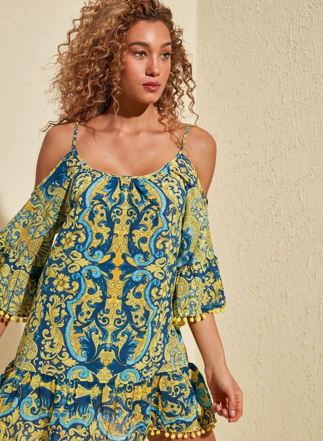 trendyol Tropical Print Cold Shoulder Dress Blue/Yellow  - Image 4