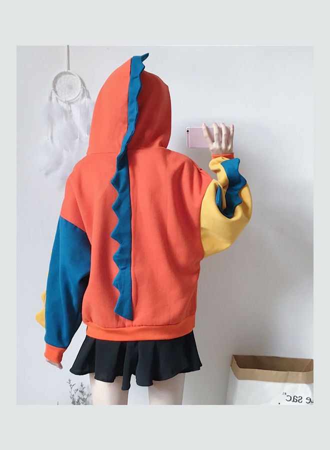 Dinosaur Design Long Sleeves Hoodie Orange/Blue - Image 4