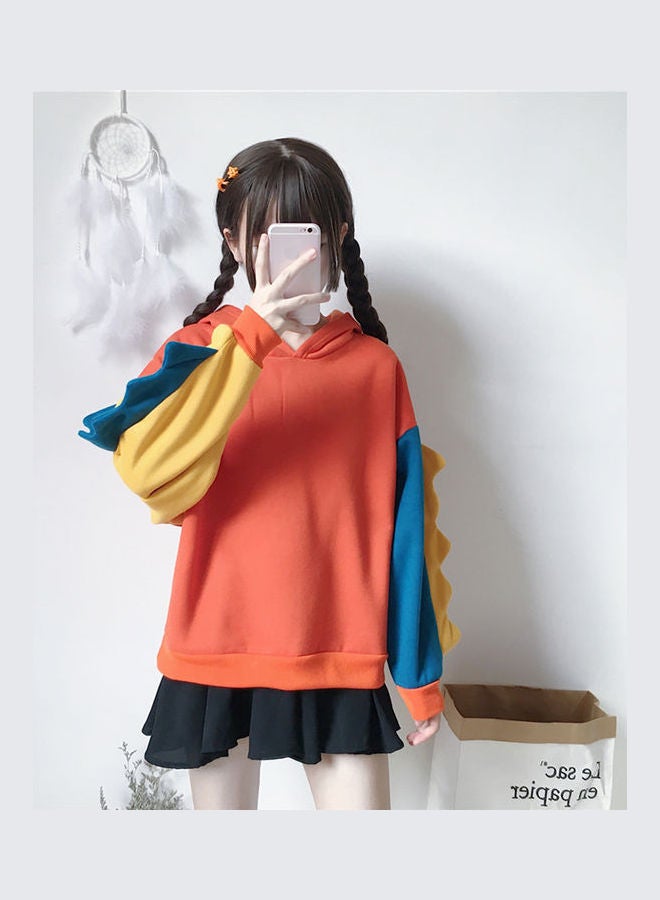 Dinosaur Design Long Sleeves Hoodie Orange/Blue - Image 1