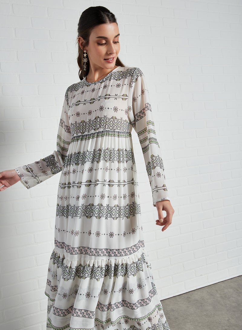 Printed Long Sleeves Maxi Dress Off White - v1611296137/N43608967V_3