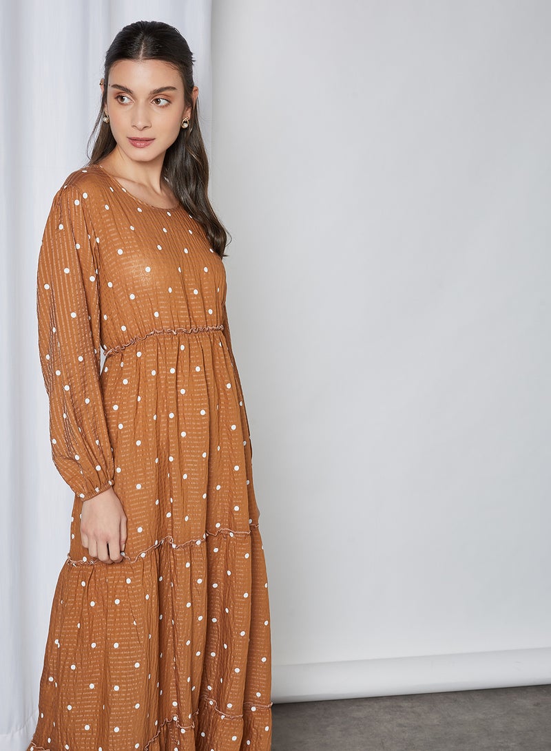 Polka Dot Printed Flared Maxi Dress Brown - v1611296141/N43608973V_3