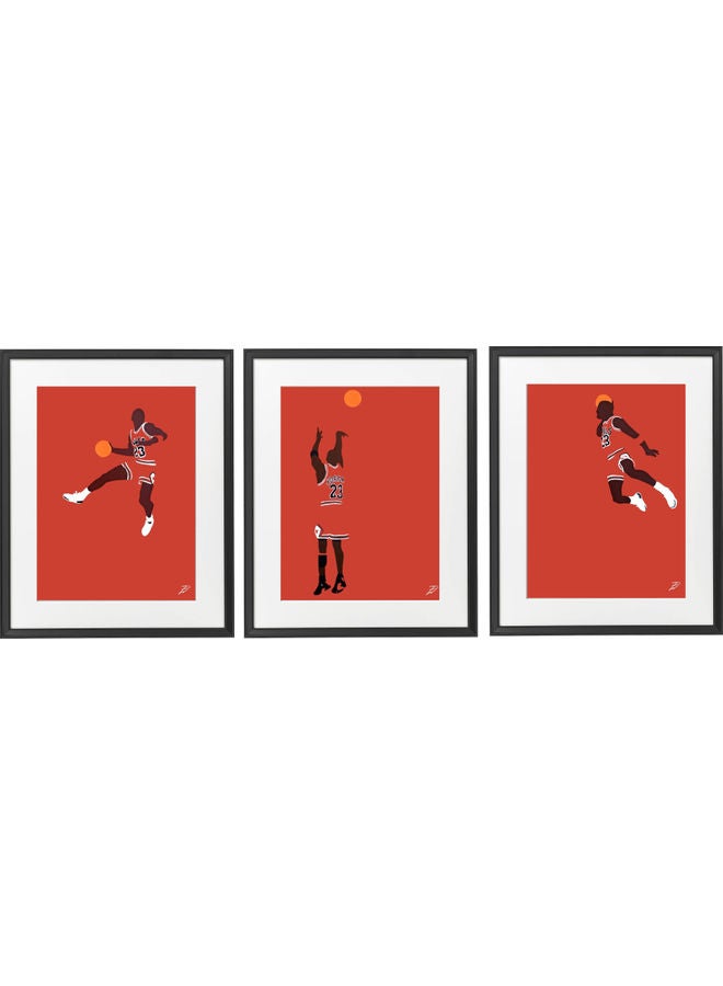 ملصق بتصميم كرة سلة Michael Jordan مع إطار من 3 قطع أحمر/ أسود/ برتقالي 30x40سم