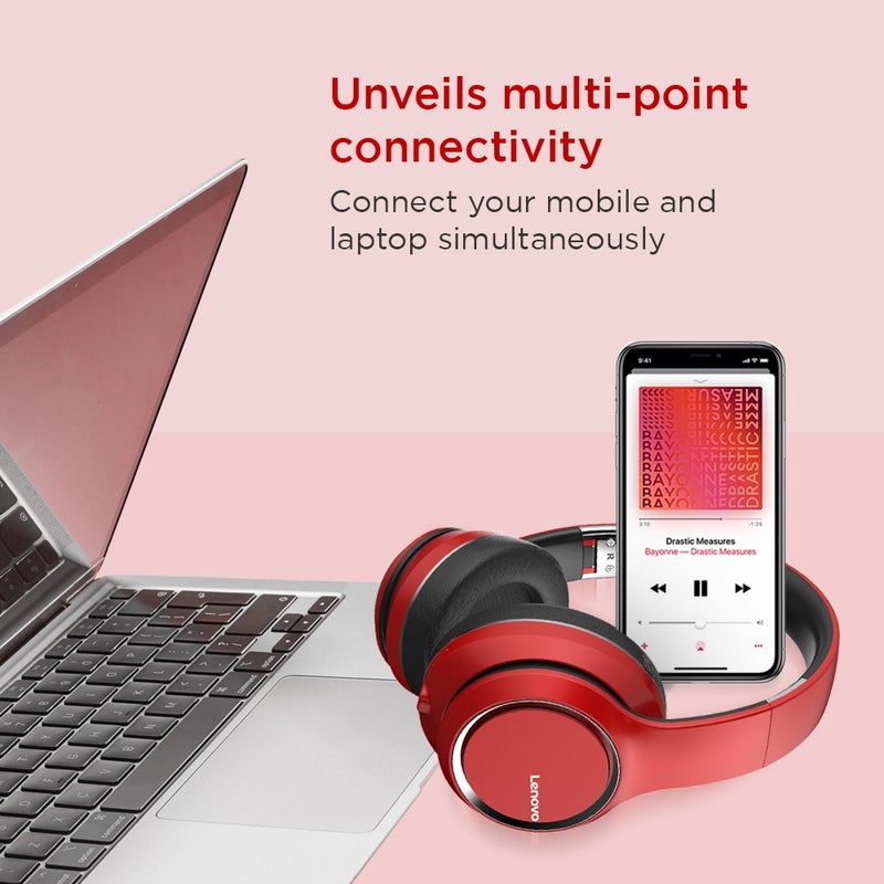 Lenovo Foldable Noise-cancelling Wireless Bluetooth Headphone Red - Image 5