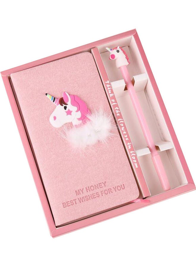 2-Piece Unicorn Printed Notebook And Pencil Set Pink/White