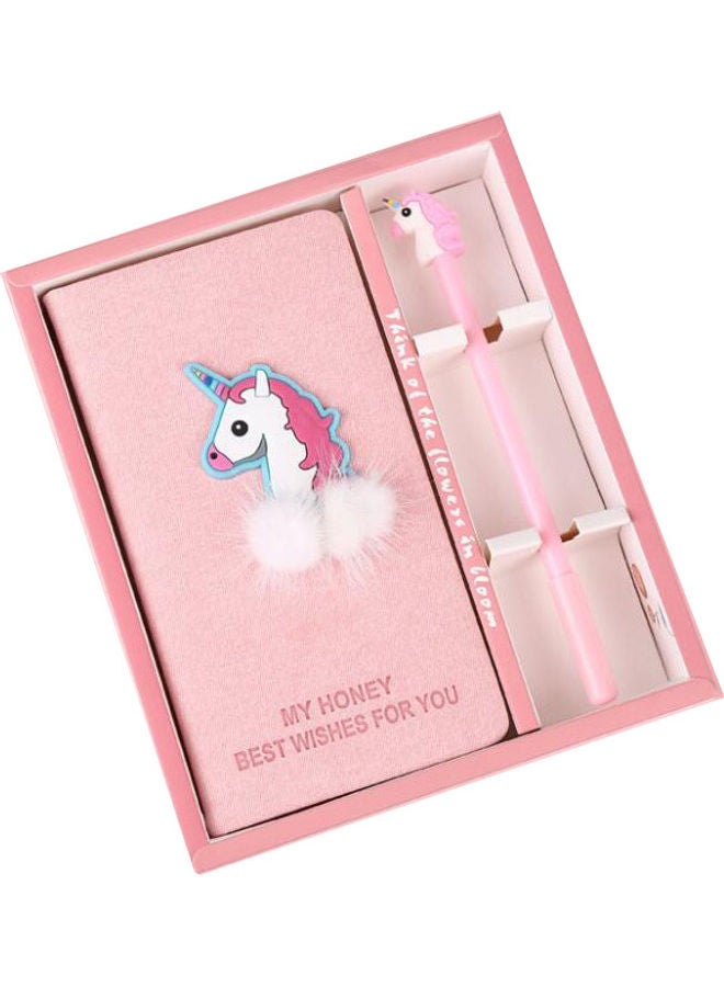 2-Piece Unicorn Printed Notebook And Pencil Set Pink/White