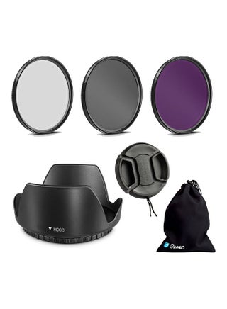 Professional Camera Lens Protection Set 52mm Lens Hood, Lens Cap, 3 Piece Lens Filter [ UV-CPL-FLD ] & Small Carry Pouch For DSLR Camera, For Nikon, For Cannon, For SLR Lenses Black - v1611473920/N43896817A_1