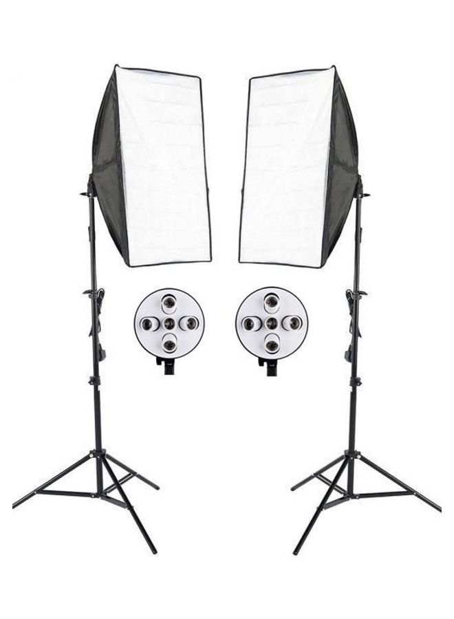 Generic - 3-in-1 Photo Studio Kit 2 x 5 Lamp Holder 2 x 2m Light Stand 2 x 50 x 70cm Soft Box US Plug Black White - Image 1