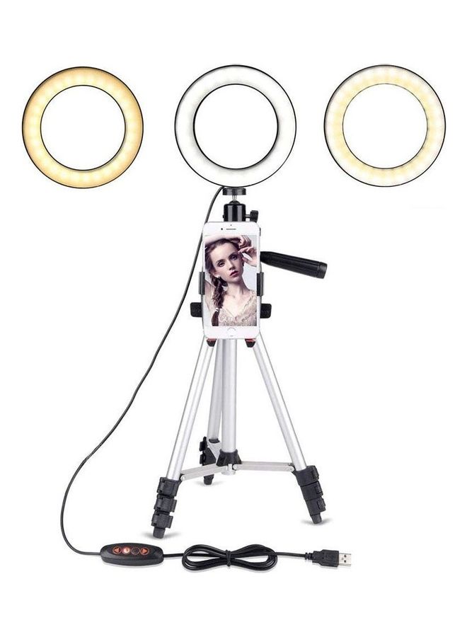 Generic Ring Light with Tripod Stand for YouTube Video and Makeup Mini LED Camera Light with Cell Phone Holder Desktop LED Lamp with 3 Light Modes & 11 Brightness Level Multicolour  - Image 1