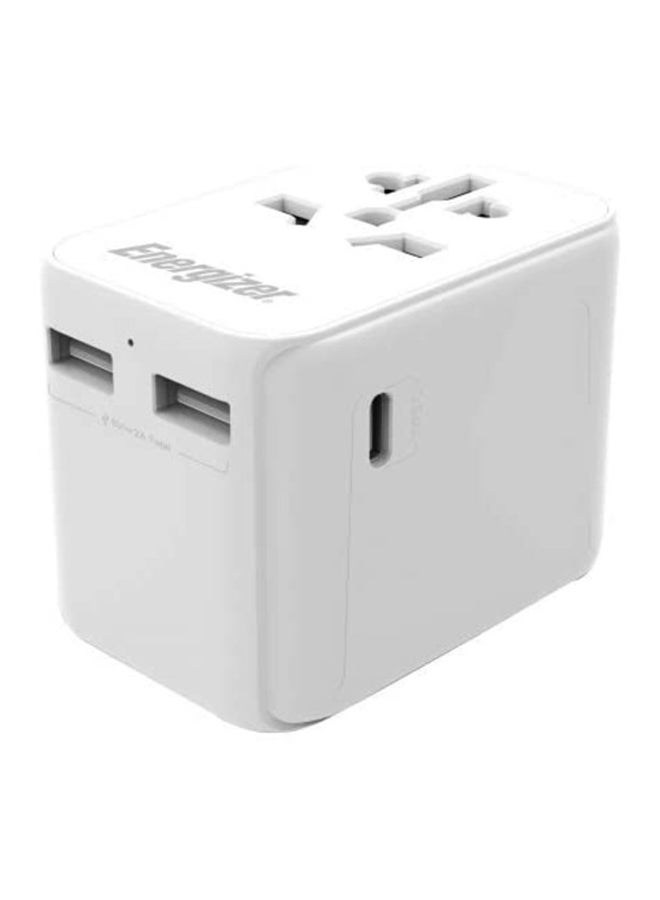 Ultimate Travel Pack For iPhone, Bluetooth Earphones, Car Charger, Multiple Pin Adjustable Universal Charging Adapter- EU-AU-UK-US, 10000 mAh Fast Charging Power Bank, 3 in 1 Lightning, Type - C, micro-USB Cable with Travel Kit Pouch white