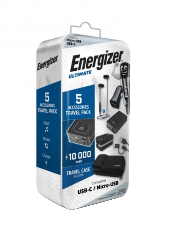 Energizer - Ultimate Travel Pack For Android, Bluetooth Earphones, Car Charger, Multiple Pin Adjustable Universal Charging Adapter- EU-AU-UK-US, 10000 mAh Fast Charging Power Bank, 2 in 1 Type - C and Micro-USB Cable with Travel Kit Pouch 25cm Multicolour - Image 1