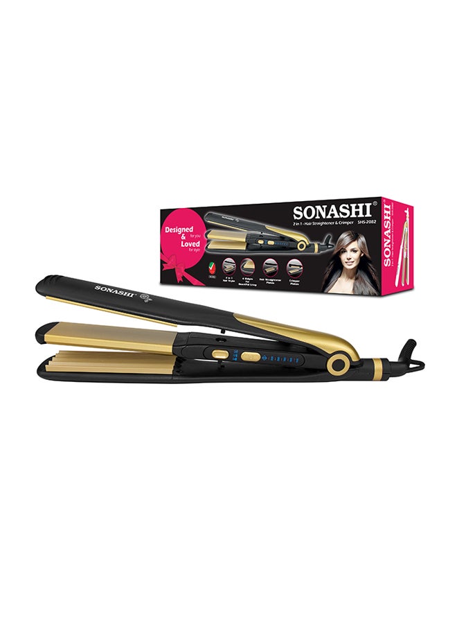 SONASHI - 2 in 1 Hair Straightener And Crimper With Ceramic Coating Plates Crimper Plate For Perfect Waves PTC Heating LED Indicator Lock Function On And Off Switch Temperature Control Suitable For All Hair Types  SHS-2082 Black/Gold 33cm - Image 1